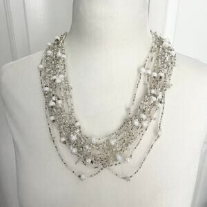 Multistrand white and clear seed bead magnetic closure statement necklace